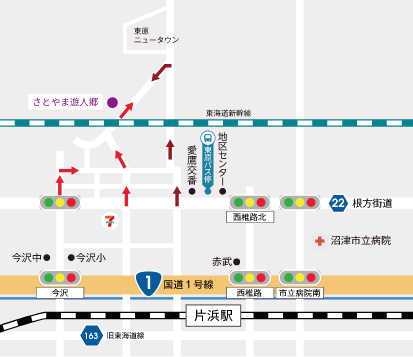 片浜駅からさとやま遊人郷までの道筋マップ
